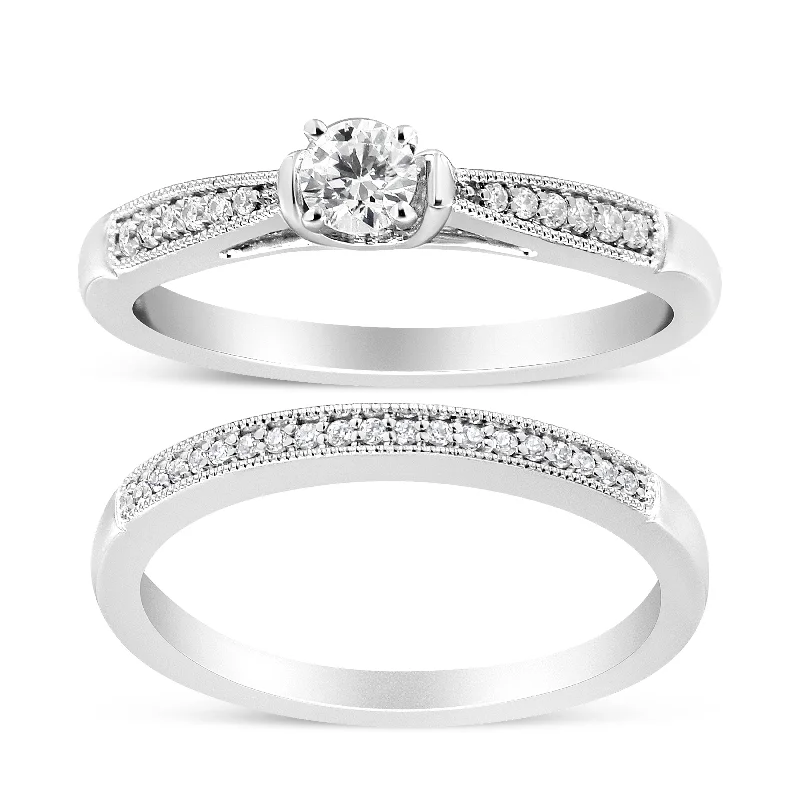 Luxury engagement rings with diamonds-.925 Sterling Silver 1/3 Cttw Diamond Classic Engagement Ring Bridal Set with Milgrain