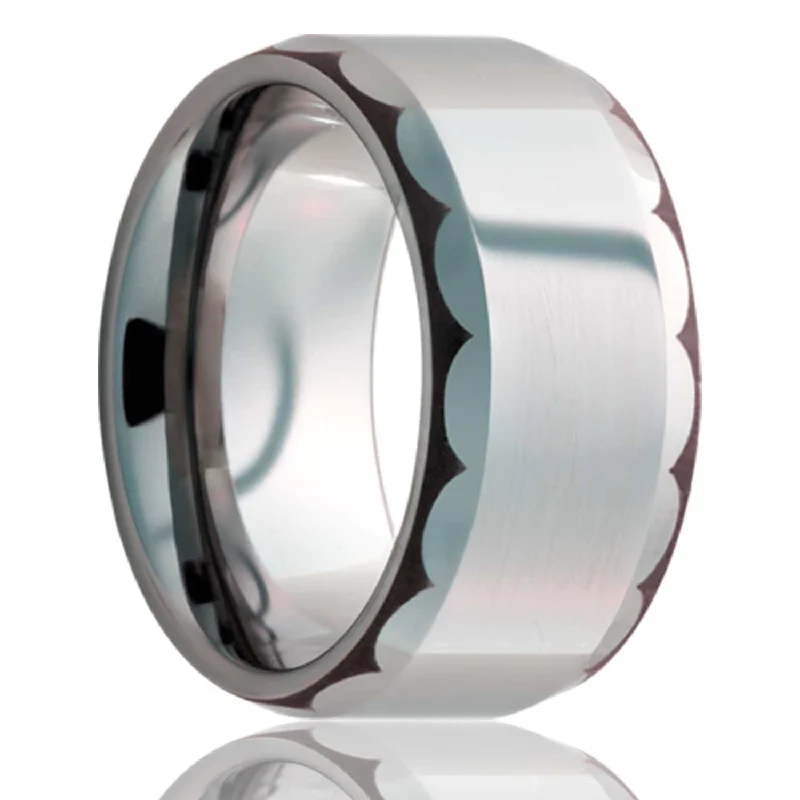 Women’s fashion rings with metal bands-Titanium Wedding Band with Scalloped Pattern Beveled Edges