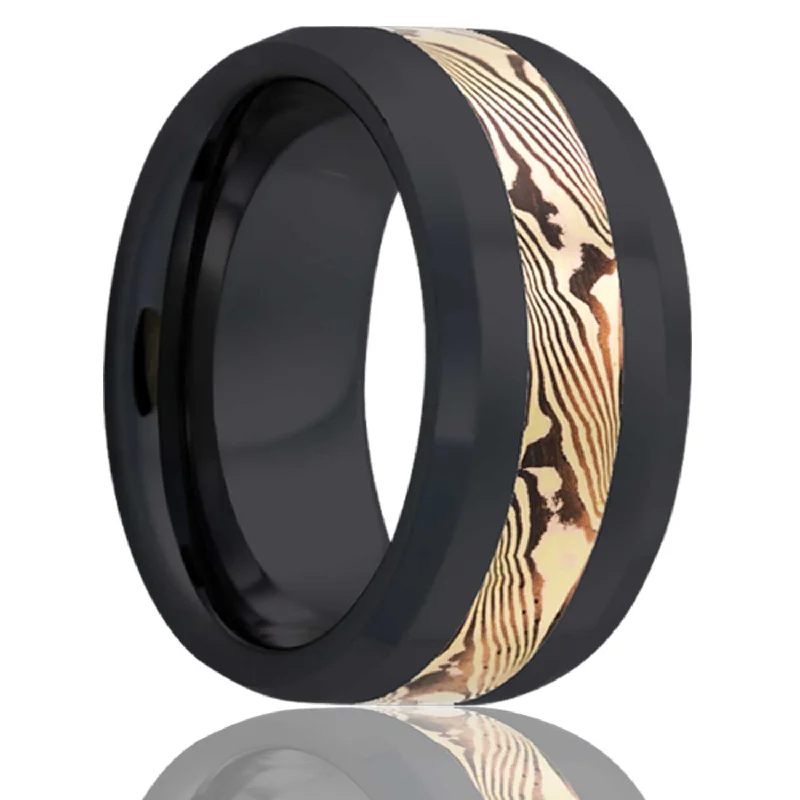 Beautiful heart-shaped rings for women-14k Yellow Gold & Shakudo Mokume Gane Inlay Zirconium Wedding Band with Beveled Edges