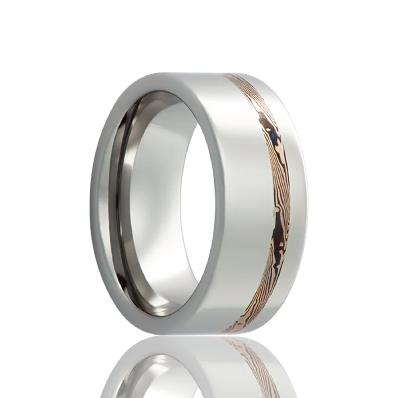 Chic gold rings for women-14k White Gold & Shakudo Mokume Gane Inlay Tungsten Wedding Band