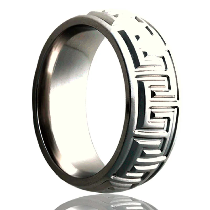 Elegant rose gold rings for women-Greek Key Domed Titanium Wedding Band