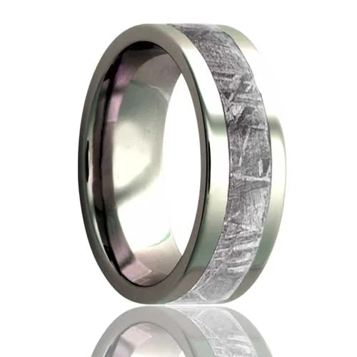 Trendy silver rings for women-Meteorite Inlay Titanium Wedding Band