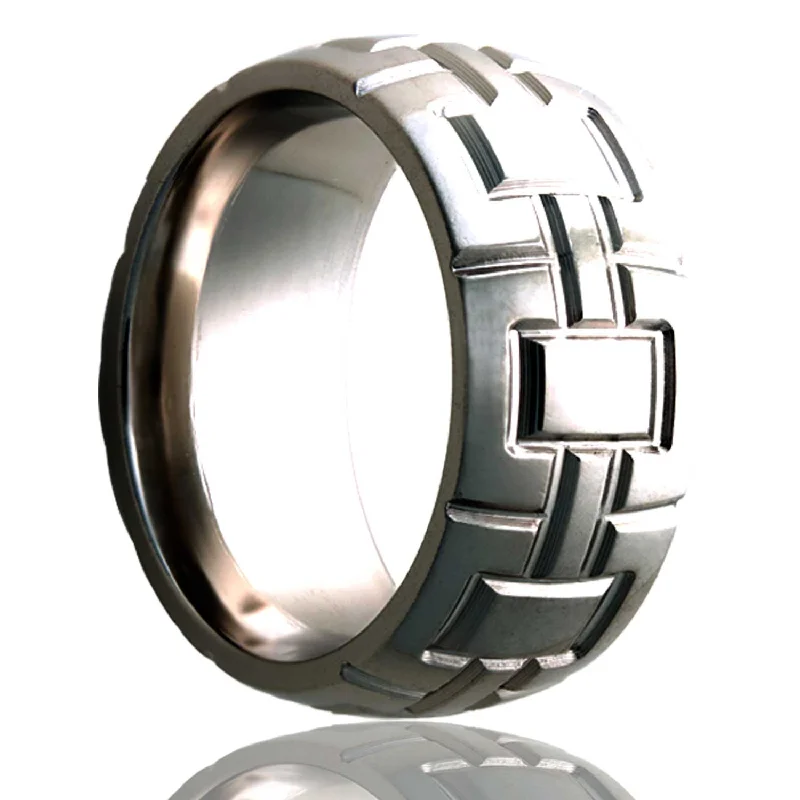 Adjustable rings for women-Geometric Cube Pattern Domed Titanium Wedding Band