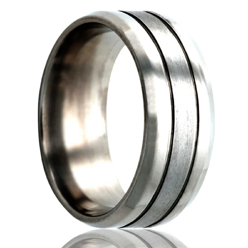 Affordable rings for women with intricate designs-Satin Finish Grooved Titanium Wedding Band with Beveled Edges