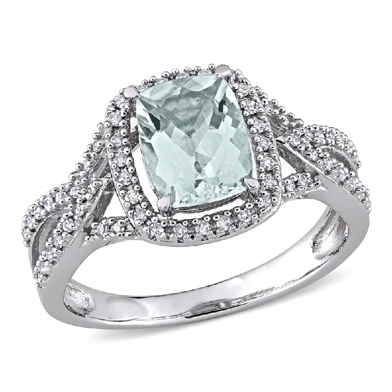 Luxury engagement rings with diamonds-Miadora 10k White Gold Cushion Aquamarine & 1/6ct TDW Diamond Halo Split Shank Engagement Ring