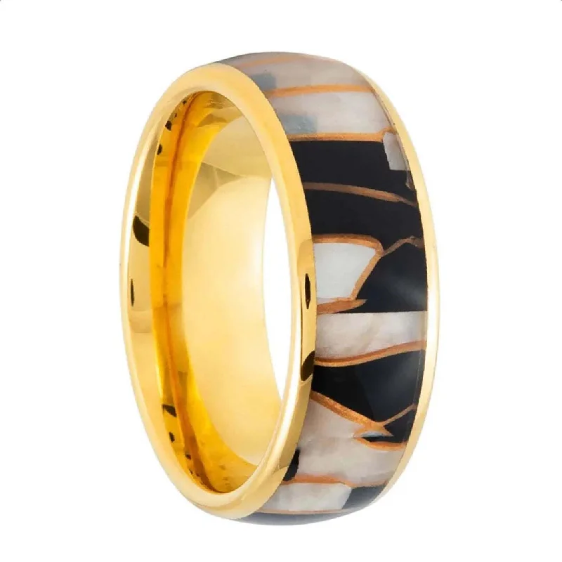 Women’s rings with oval gemstones-Gold Tungsten Men's Wedding Band with Mosaic Inlay