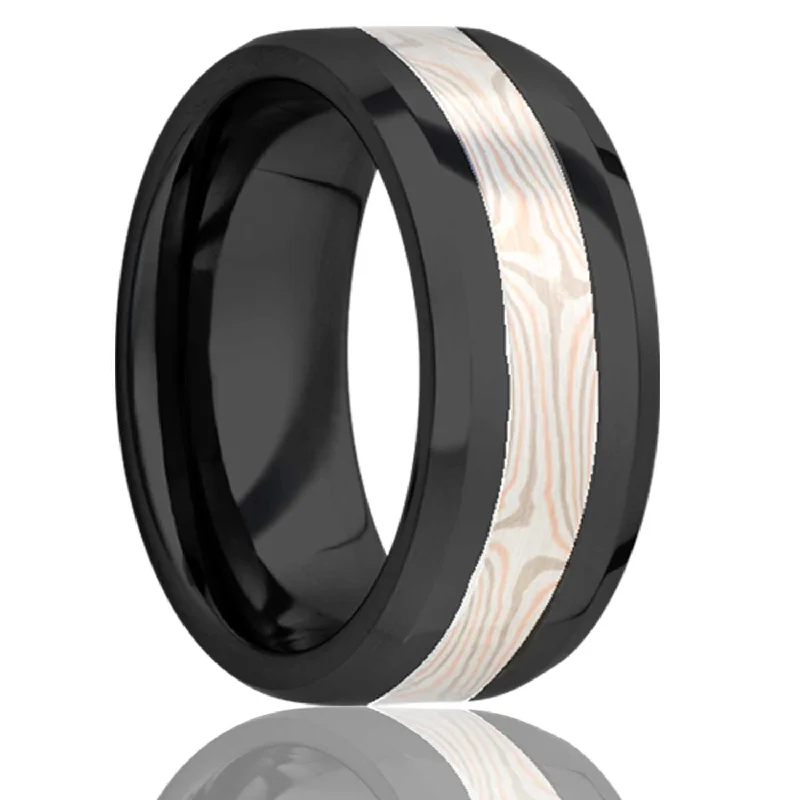 Custom rings with initials for women-14k Rose Gold, White Gold & Stering Silver Mokume Gane Inlay Zirconium Wedding Band with Beveled Edges