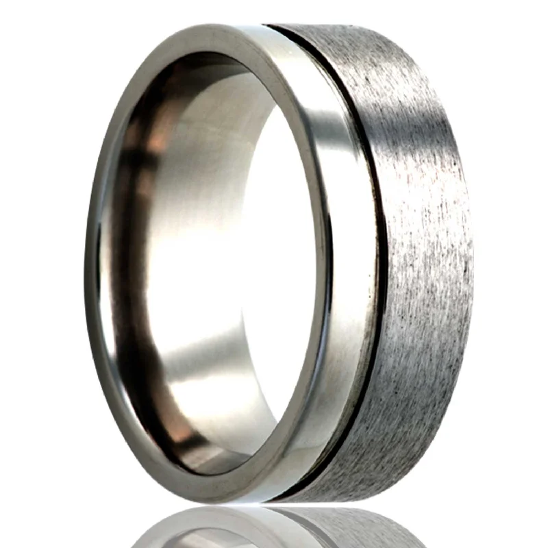 Women’s statement rings with bold colors-Asymmetrical Grooved Satin Finish Titanium Wedding Band