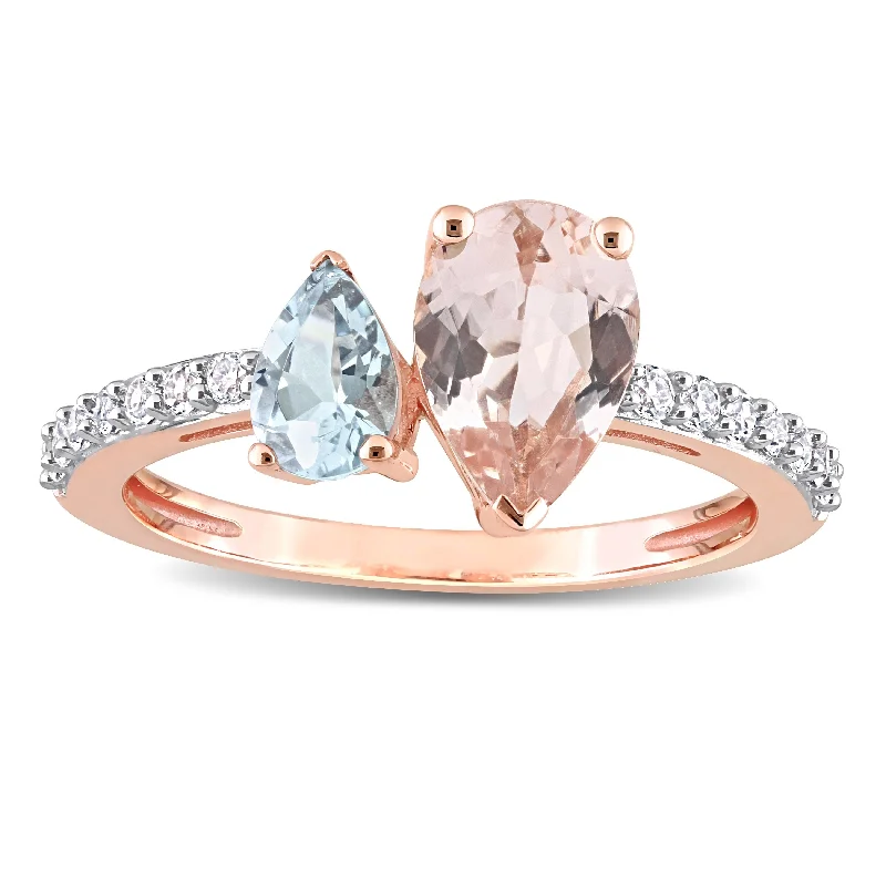 Engagement rings with emerald stones-Miadora Pear Shape Aquamarine, White Topaz and Morganite Engagement Ring in 10k Rose Gold