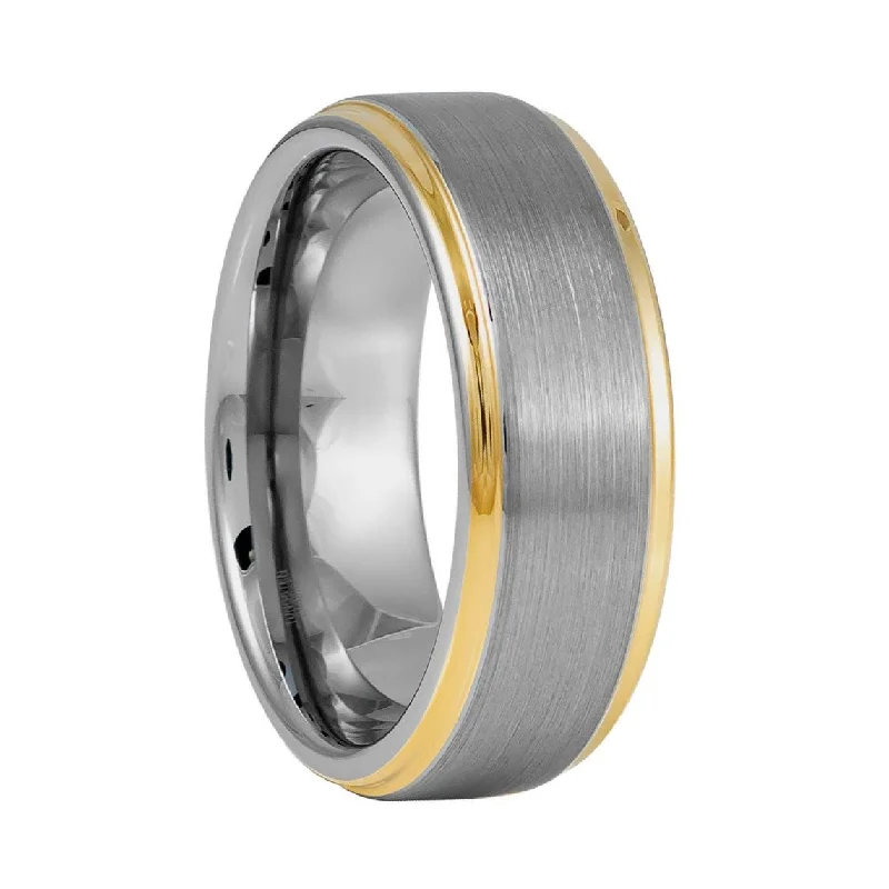 Wedding rings for women with unique designs-Brushed Tungsten Men's Wedding Band with Yellow Gold Edges