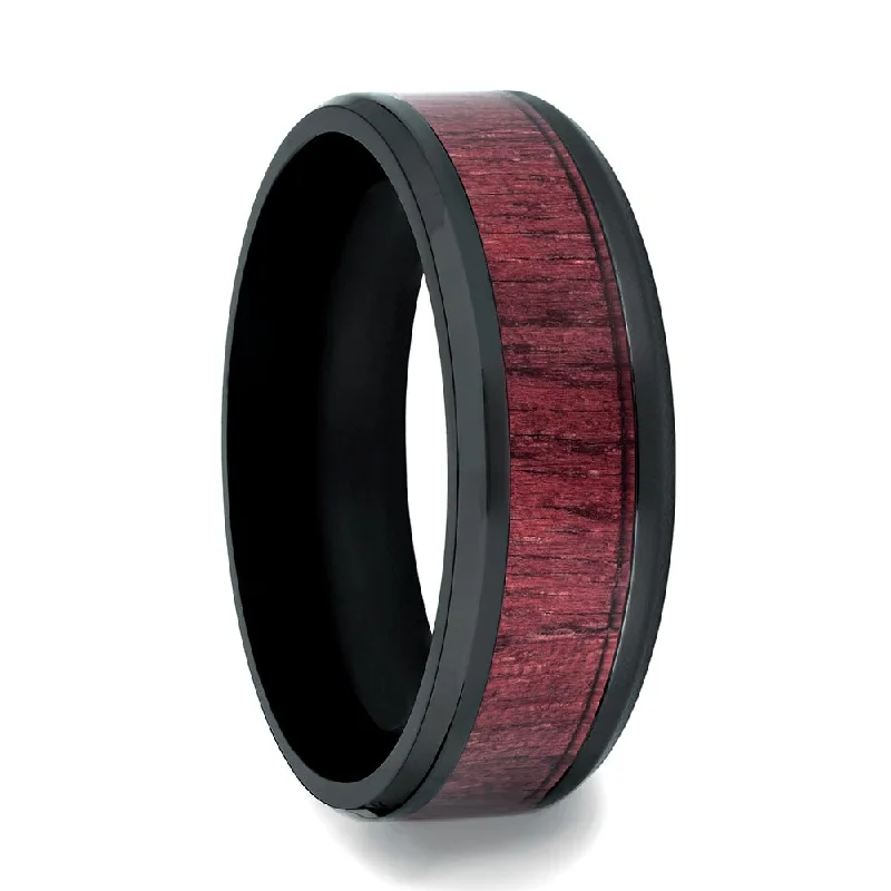 Elegant silver rings for women with diamonds-Black Ceramic Men's Wedding Band with Purpleheart Wood Inlay