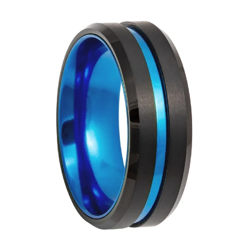 Vintage-style rings with intricate details-Black Tungsten Men's Wedding Band with Blue Groove