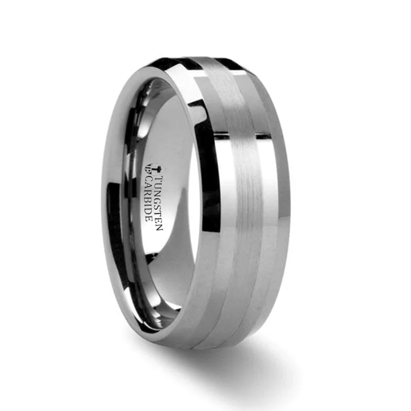 Antique rings for women-Tungsten Men's Wedding Band with Platinum Inlay