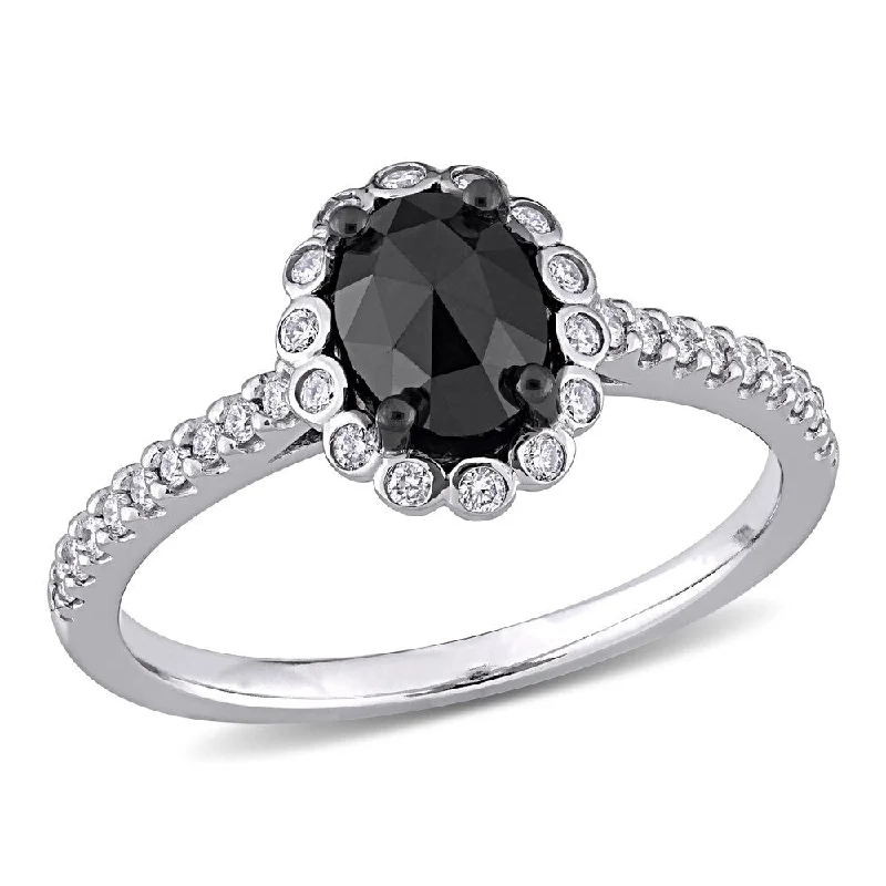 Affordable engagement rings for women-Miadora 14k White Gold 1 1/5ct TDW Oval Black & White Diamond Halo Engagement Ring