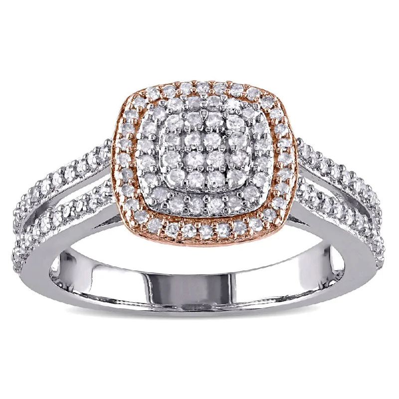 Engagement rings with round cut diamonds-Miadora 2-Tone White and Rose Plated Sterling Silver 1/2ct TDW Diamond Grid Halo Split Shank Engagement Ring (I-J, I3-I4)