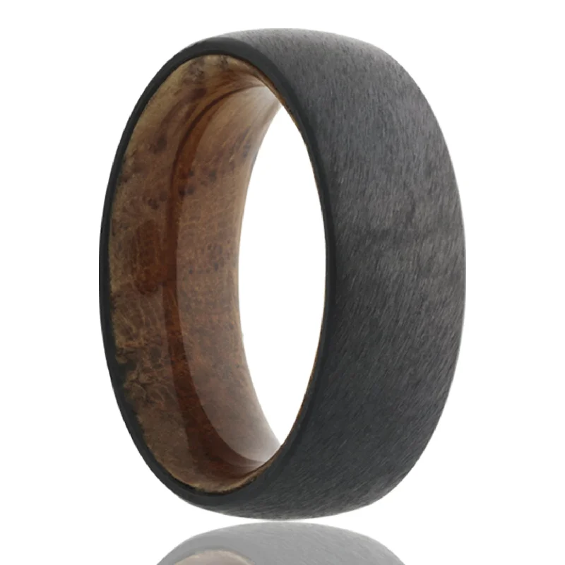 Wedding rings for women with unique designs-Domed Satin Zirconium Wedding Band with Whiskey Wood Center