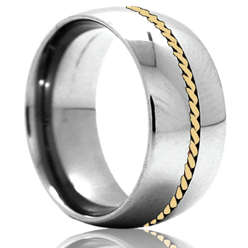 Rose gold rings for women with diamonds-Hand Woven 14k Yellow Gold Inlay Domed Tungsten Wedding Band