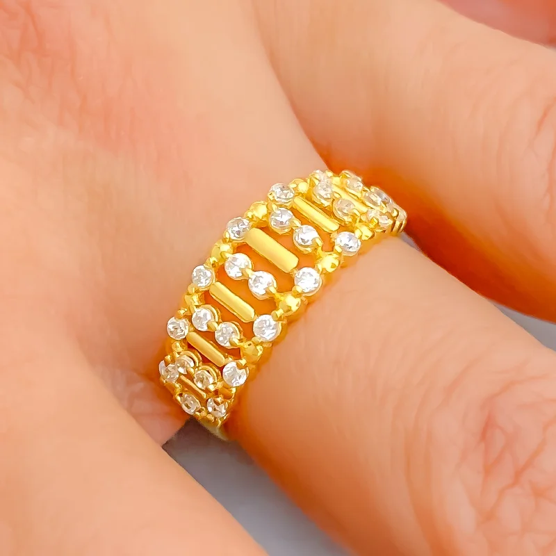 Women’s statement rings with bold colors-Embellished Unique Striped 22k Gold CZ Ring