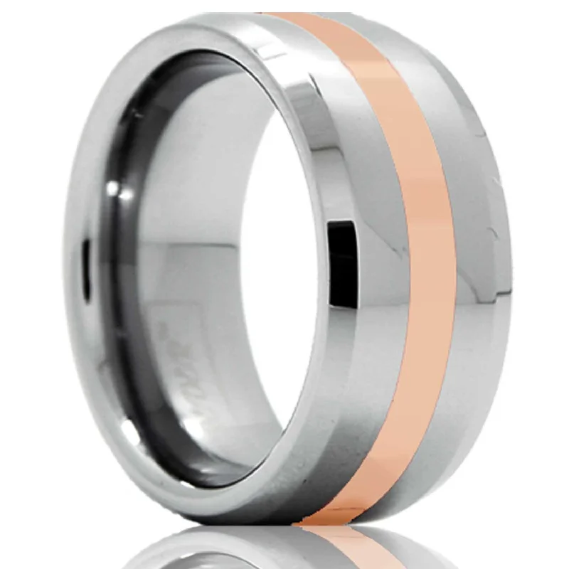 Simple and classic rings for women-14k Rose Gold Inlay Tungsten Wedding Band with Beveled Edges