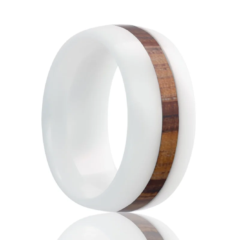 Women’s rings with crystal designs-Zebra Wood Inlay Domed White Ceramic Wedding Band