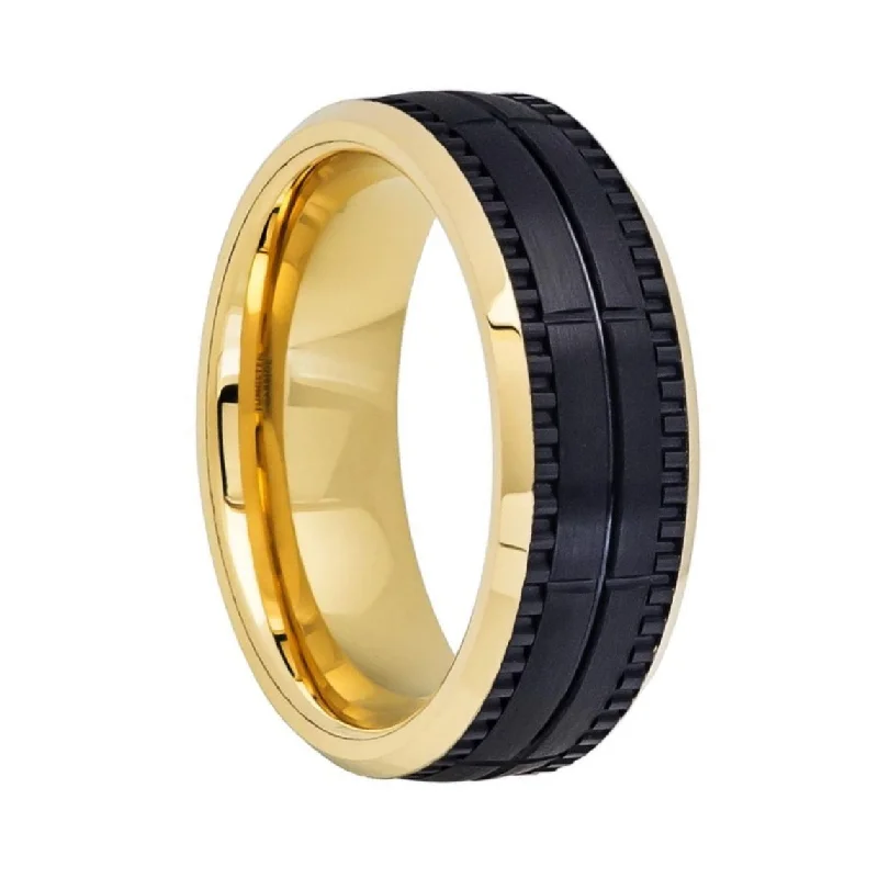 Women’s fashion rings with floral accents-Grooved Yellow Gold & Black Tungsten Men's Wedding Band