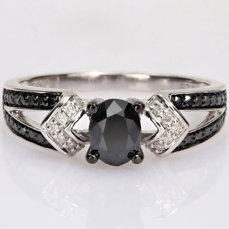 Engagement rings with oval gemstones-Miadora 1ct TDW Oval & Round Black & White Diamond Split Shank Engagement Ring in Sterling Silver