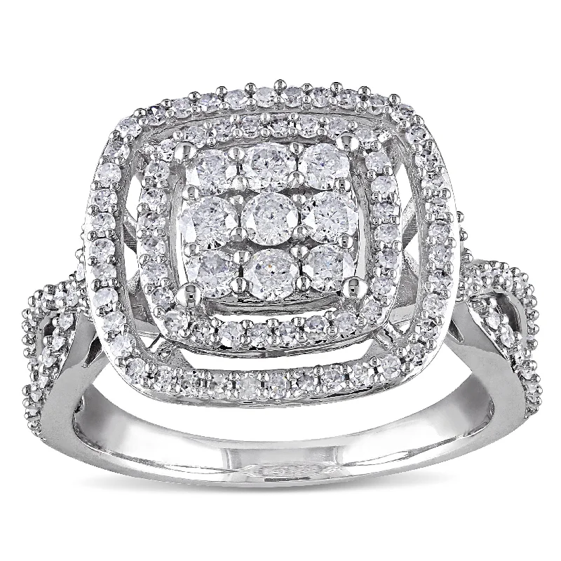 Elegant engagement rings for women-Miadora Signature Collection 10k White Gold 1ct TDW Diamond Cluster Halo Engagement Ring