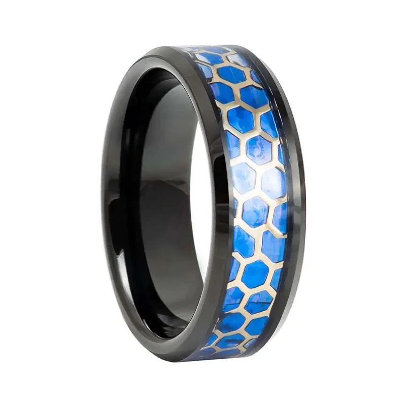 Women’s gemstone rings with blue stones-Blue & Silver Hexagon Honeycomb Black Tungsten Men's Wedding Band