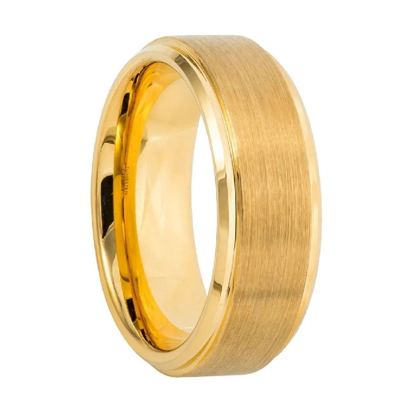 Stunning vintage rings for women-Brushed Gold Tungsten Men's Wedding Band with Stepped Edges