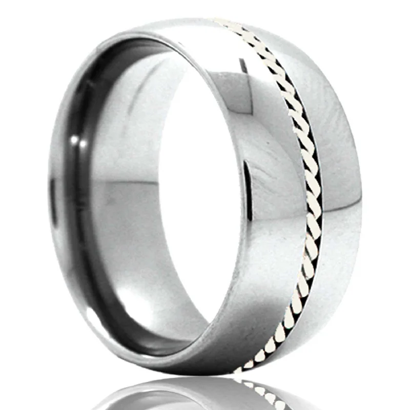 Elegant cocktail rings for women-Hand Woven Platinum Inlay Domed Tungsten Wedding Band