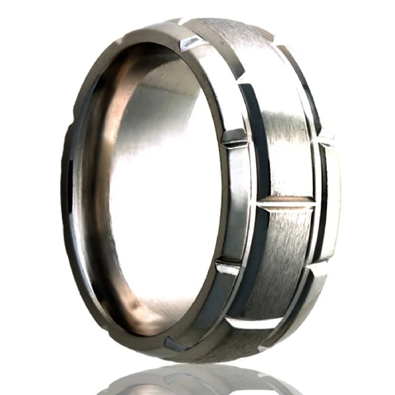 Women’s stacking rings in silver-Brick Pattern Domed Satin Finish Titanium Wedding Band