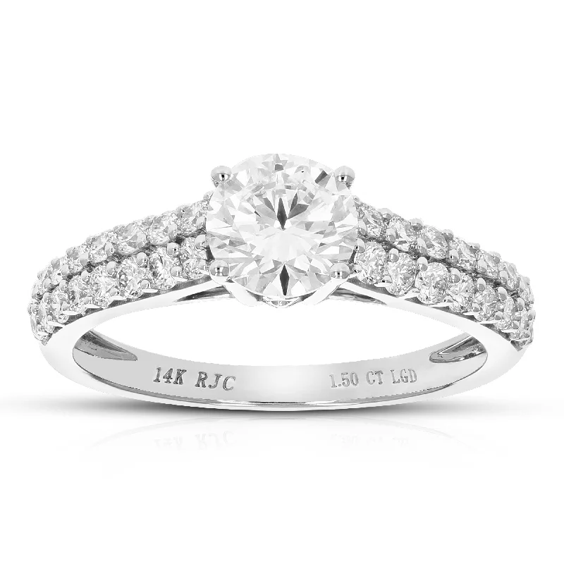 Affordable engagement rings for brides-1.50 cttw Round Lab Grown Diamond Engagement Ring 33 Stones 14K White Gold Prong Set 3/4 Inch