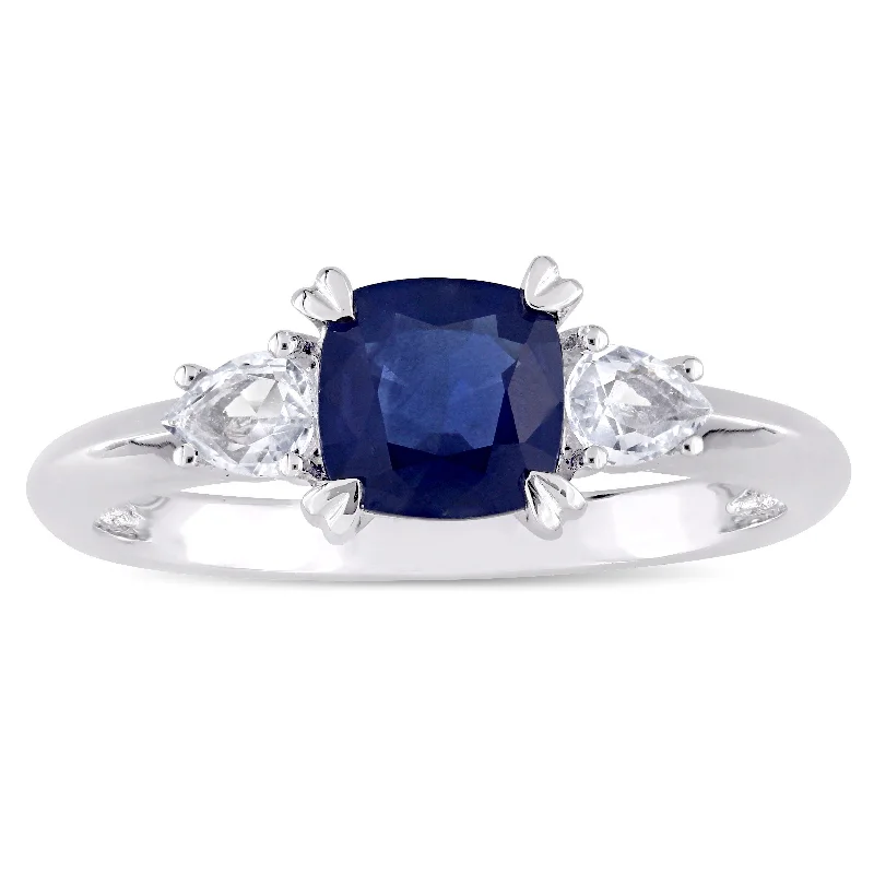 Engagement rings with floral designs-Miadora Signature Collection 14k White Gold Cushion-Cut Blue Sapphire and Pear-Cut White Sapphire 3-Stone Engagement Ring