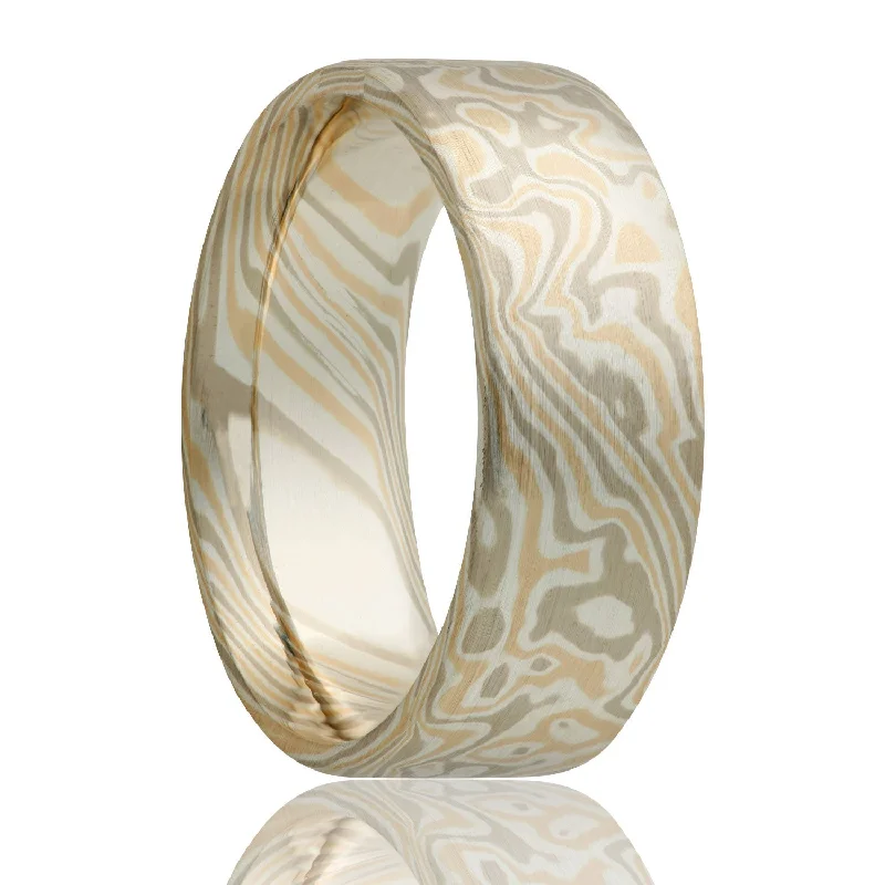 Women’s rings with gold plating-14k White & Yellow Gold with Sterling Silver Mokume Gane Wedding Band