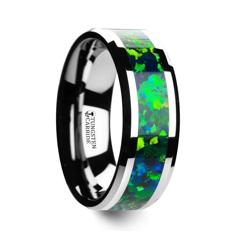 Stunning vintage rings for women-Tungsten Men's Wedding Band with Green & Blue Opal Inlay