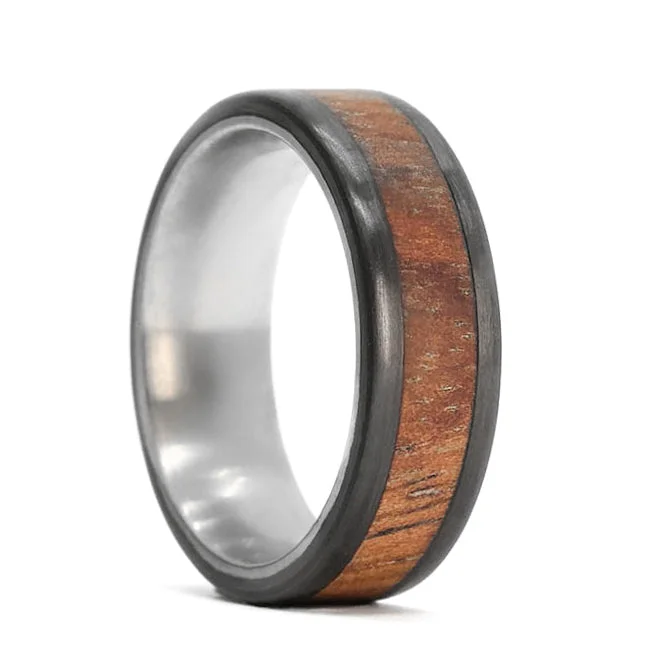 Unique custom rings for ladies-Koa Wood Men's Wedding Band with Carbon Fiber & Titanium