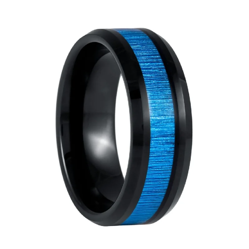 Luxury rings with sapphires for women-Geometric Blue Inlaid Black Tungsten Men's Wedding Band