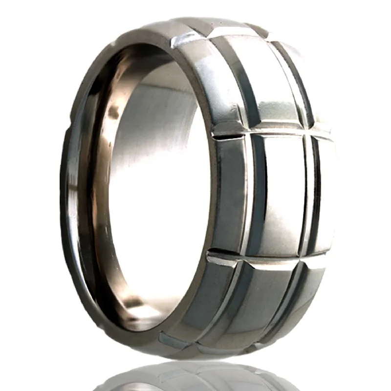 Luxury rings with sapphires for women-Intersecting Groove Pattern Domed Titanium Wedding Band