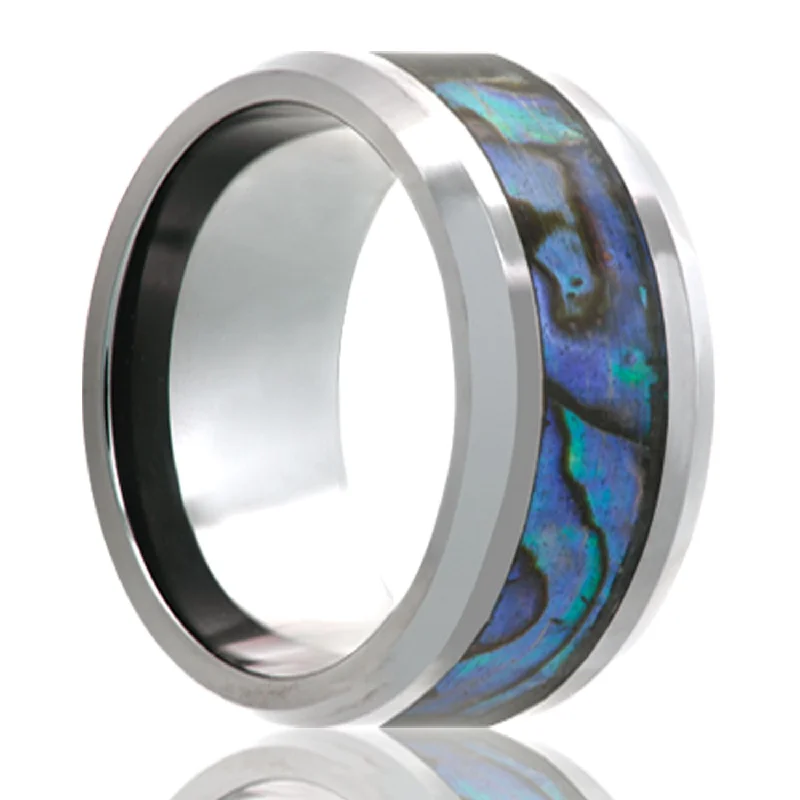 Affordable rings for women with intricate designs-Abalone Inlay Tungsten Wedding Band with Beveled Edges