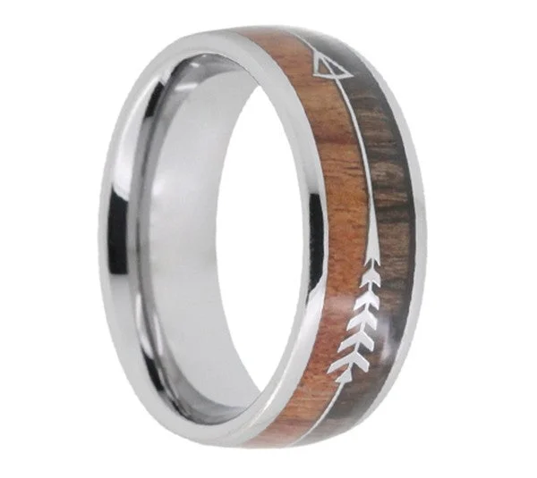 Personalized silver rings for women-Tungsten Men's Wedding Band with Arrow & Wood Inlay