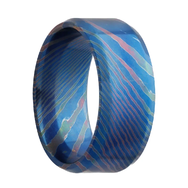 Stunning rings for women with sapphire accents-Blue Mokume Gane Style Titanium Men's Wedding Band with Beveled Edges