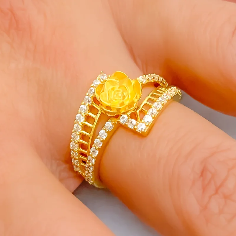 Affordable engagement rings for women-Charming Fancy Floral 22k Gold CZ Ring