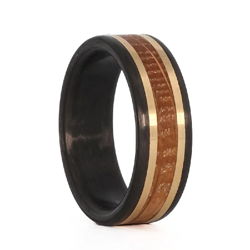 Luxury rings with sapphires for women-Whiskey Barrel Wood & Gold Inlay Carbon Fiber Men's Wedding Band