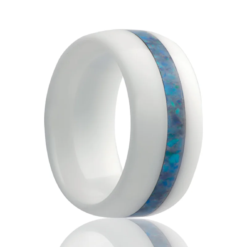 Unique design rings for women-Blue Opal Inlay Domed White Ceramic Wedding Band