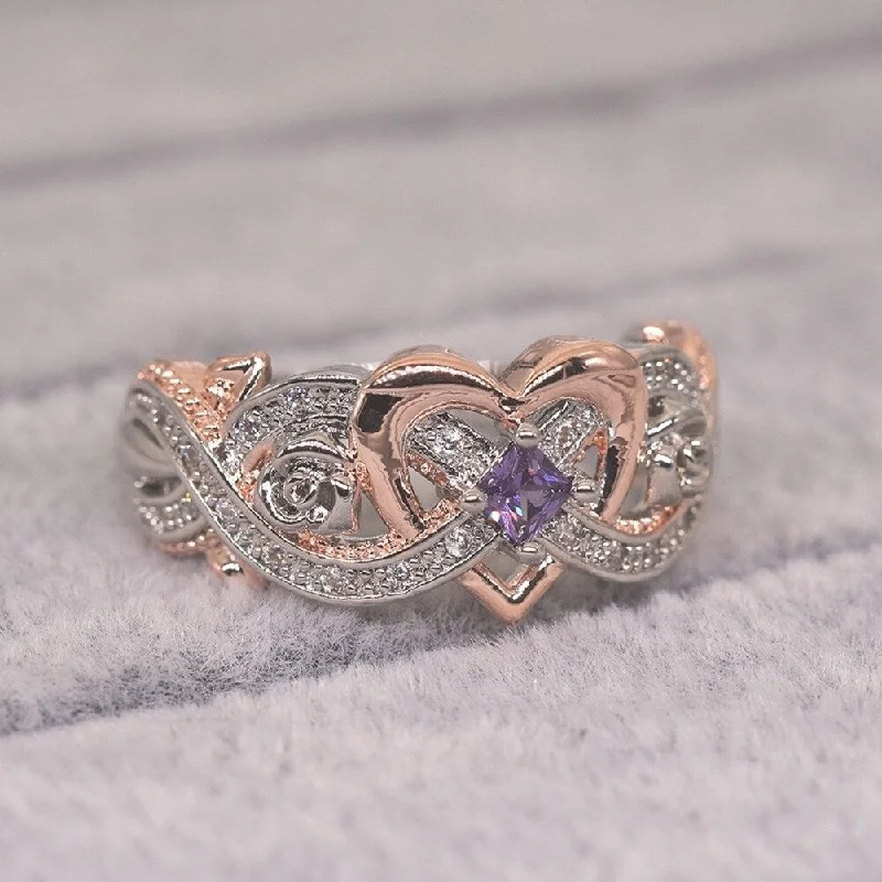 Diamond engagement rings with halo-Fashion Women Faux Amethyst Heart Wedding Engagement Floral Ring Jewelry Gift