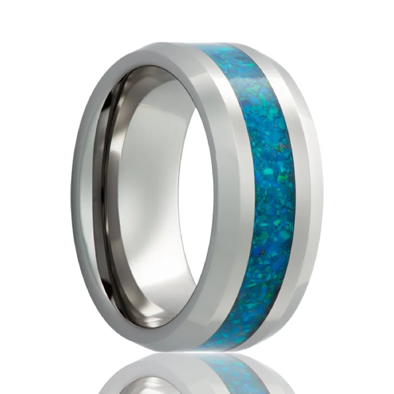 Women’s rings with heart gemstones-Blue Opal Inlay Cobalt Wedding Band with Beveled Edges