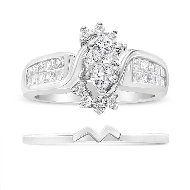 Vintage engagement rings for women-14K White Gold 1 1/2 Cttw Composite Diamond Marquise Shape Solitaire Diamond Engagement Ring Set for Women