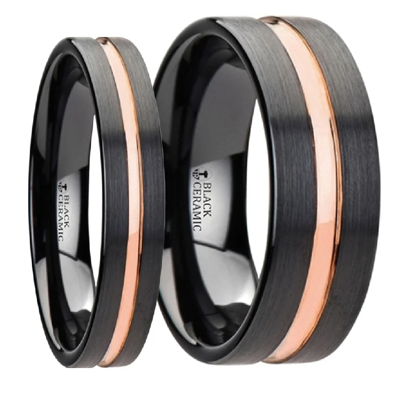 Simple silver rings for women-Rose Gold Grooved Black Ceramic Couple's Matching Wedding Band Set