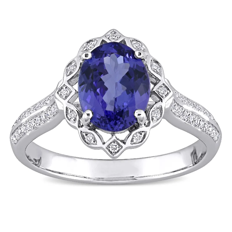 Personalized engagement rings for women-Miadora 14k White Gold Oval-cut Tanzanite & 1/6ct TDW Diamond Halo Multi-Row Engagement Ring