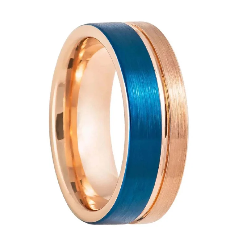 Women’s promise rings with unique settings-Blue & Rose Gold Brushed Tungsten Men's Wedding Band